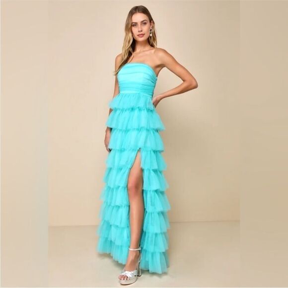 Lulus NWT Fabulous Existence Teal Green Tulle Strapless Tiered Maxi Dress Small - Picture 1 of 5